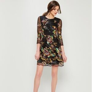 Badgley Mischka Black Floral Embroidered Sequined Dress